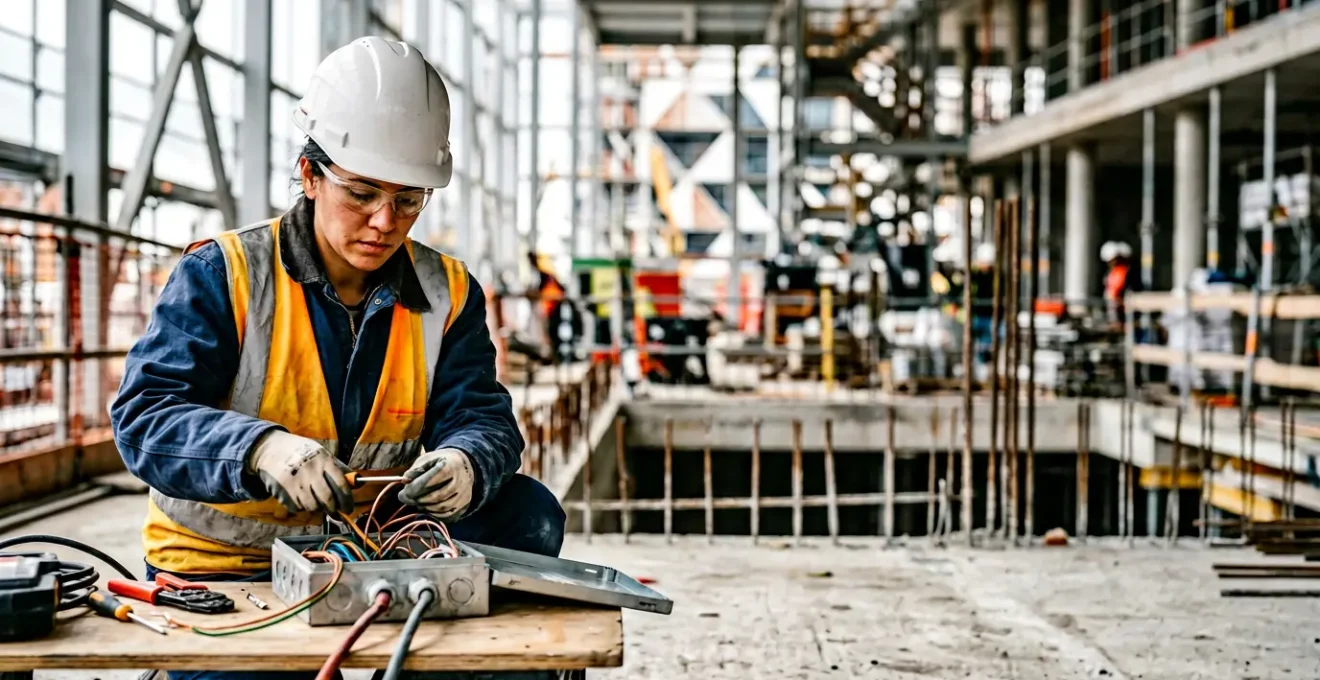 Professionnel en reconversion sur un chantier moderne du BTP utilisant des outils techniques