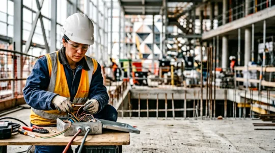 Professionnel en reconversion sur un chantier moderne du BTP utilisant des outils techniques