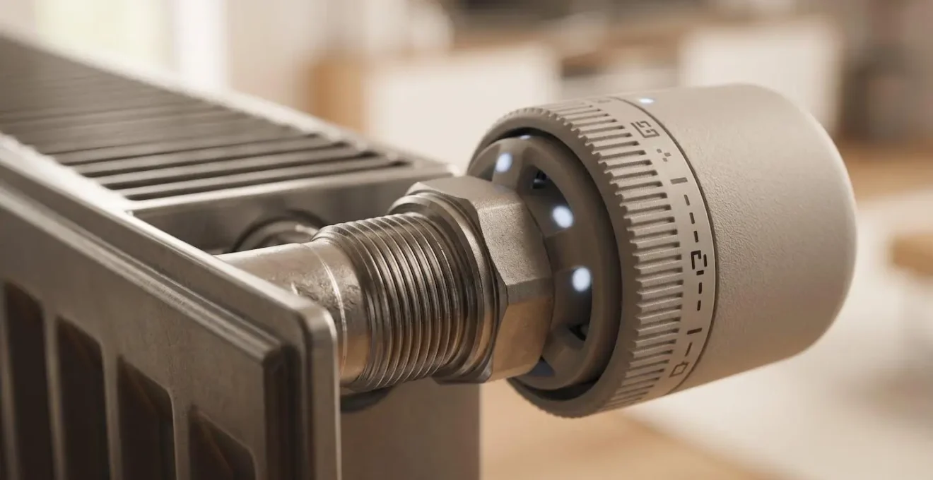 Installation de régulation thermique avec têtes thermostatiques intelligentes sur radiateurs dans un intérieur moderne