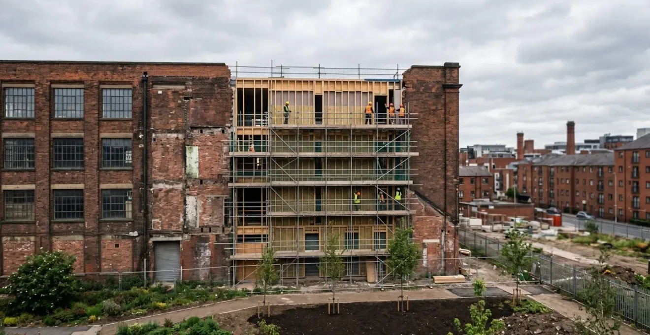 Chantier de réhabilitation d'un ancien bâtiment industriel en projet résidentiel moderne illustrant la densification urbaine