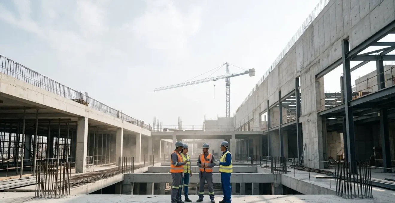 Scène de chantier avec professionnels du BTP illustrant le bouche-à-oreille et les réseaux professionnels informels