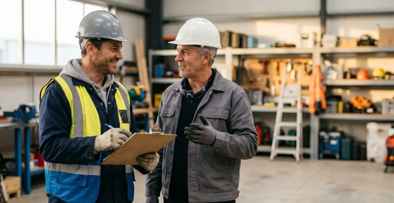 Professionnel du BTP en tenue de chantier discutant avec son responsable dans un environnement de travail bienveillant