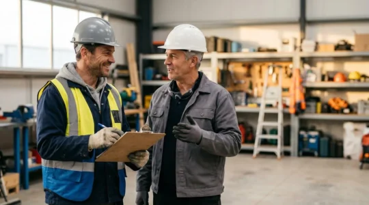Professionnel du BTP en tenue de chantier discutant avec son responsable dans un environnement de travail bienveillant