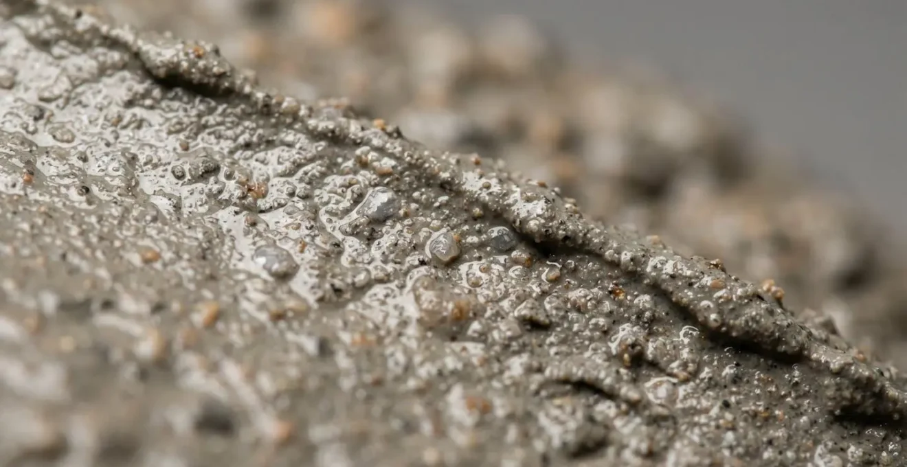Gros plan sur la surface d'une dalle de béton frais montrant le phénomène de retrait plastique