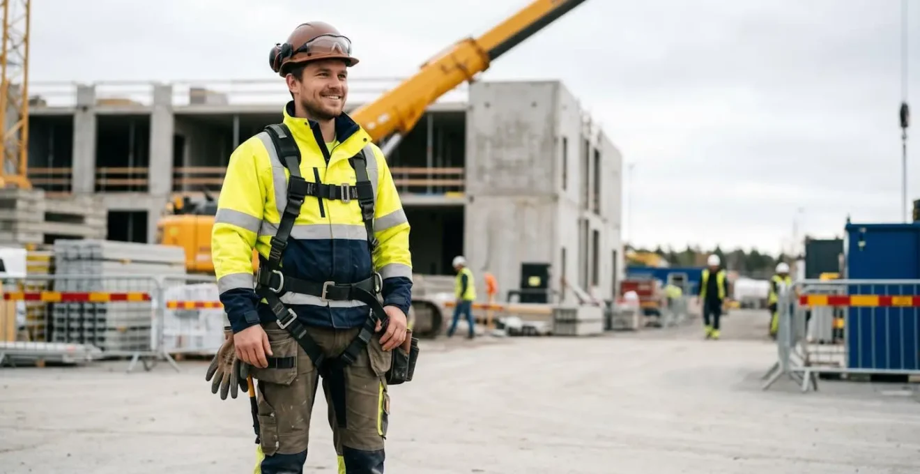 Travailleur du BTP portant des équipements de protection individuelle de qualité sur un chantier sécurisé