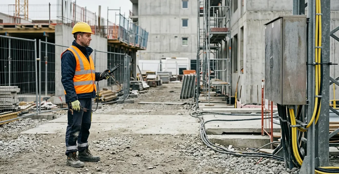 Professionnel du BTP avec équipement de protection travaillant en sécurité près d'installations électriques de chantier