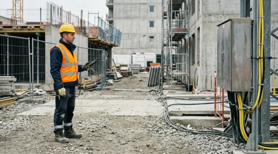 Professionnel du BTP avec équipement de protection travaillant en sécurité près d'installations électriques de chantier