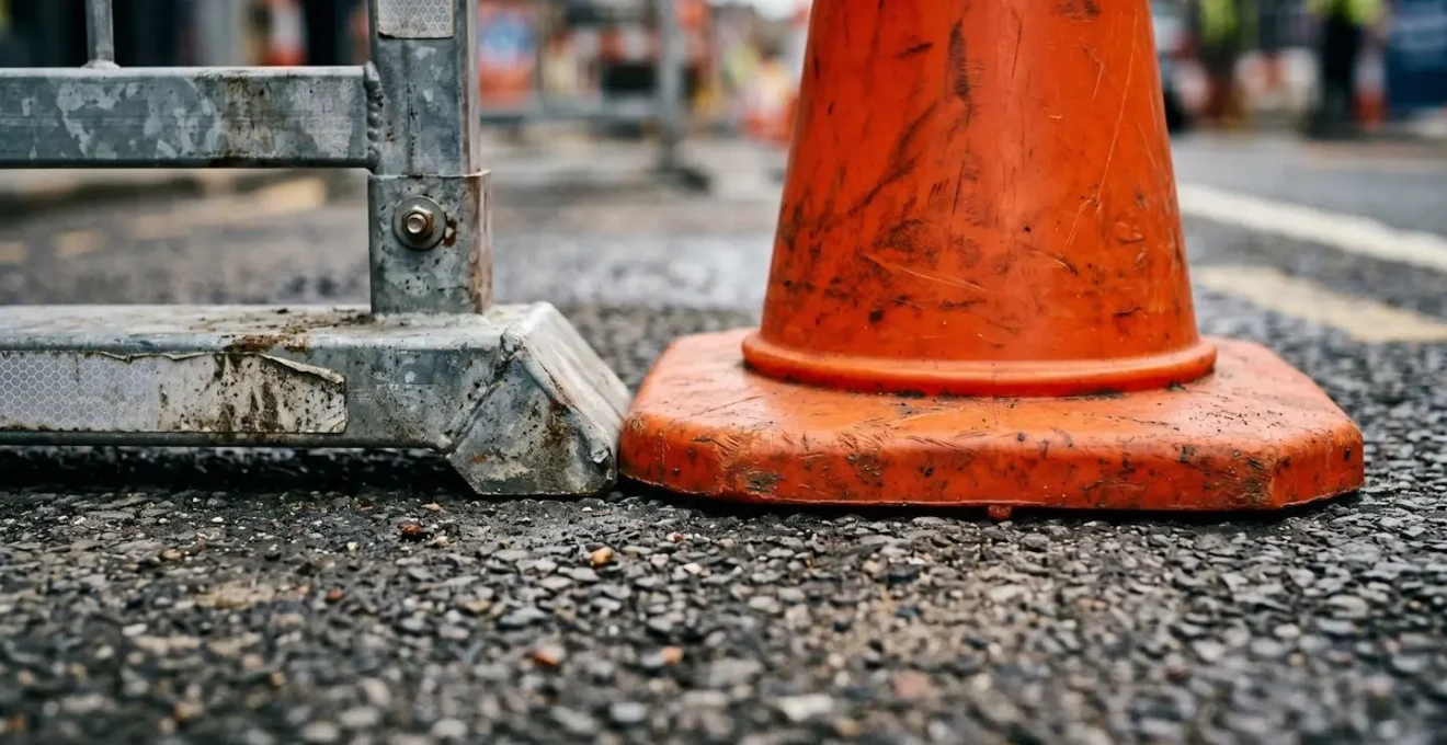 Organisation spatiale d'un chantier urbain avec zones de circulation distinctes pour engins et piétons