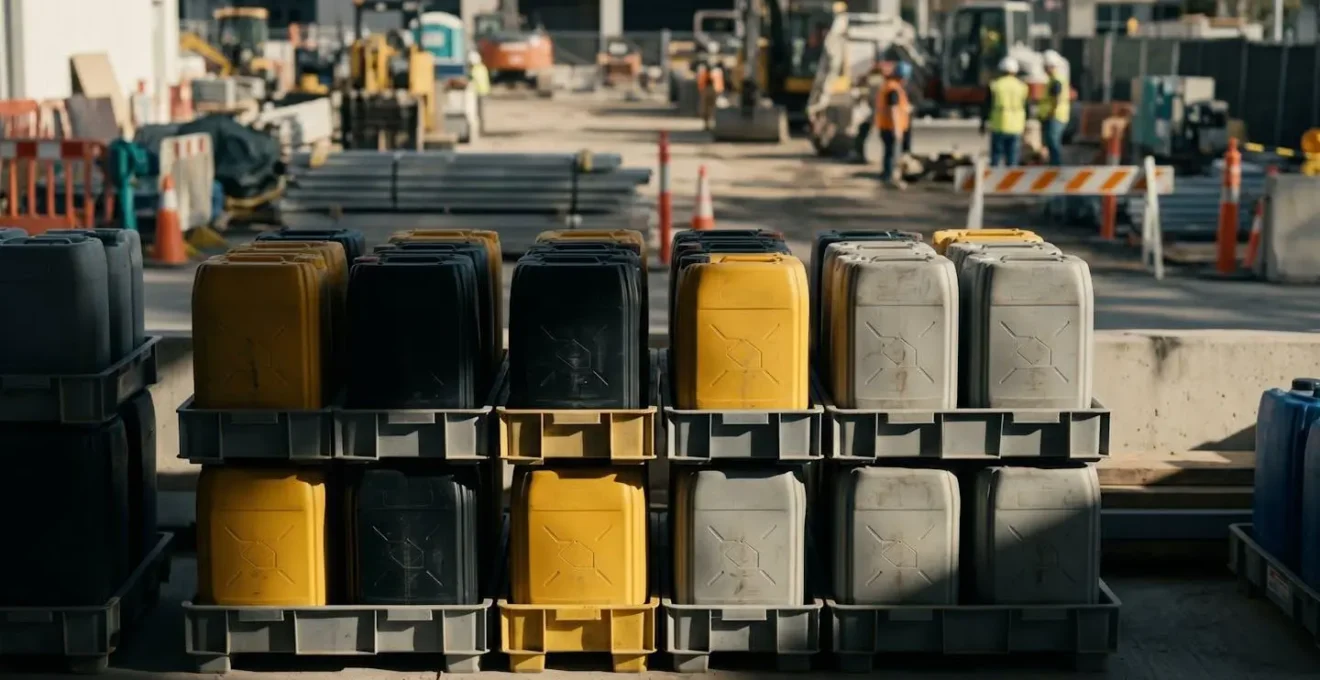 Zone de stockage sécurisée de produits avec bacs de rétention sur chantier