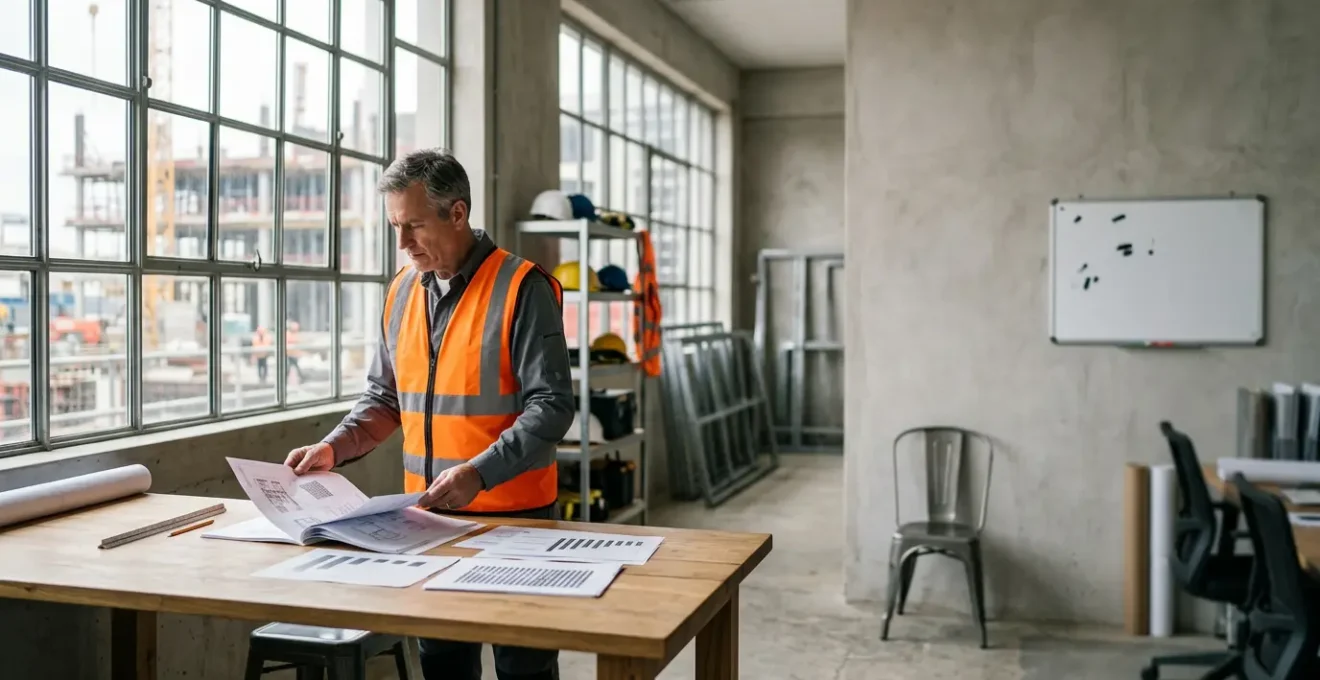 Chef de chantier analysant les données financières en temps réel sur un tableau de bord de gestion de chantier