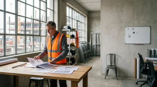 Chef de chantier analysant les données financières en temps réel sur un tableau de bord de gestion de chantier