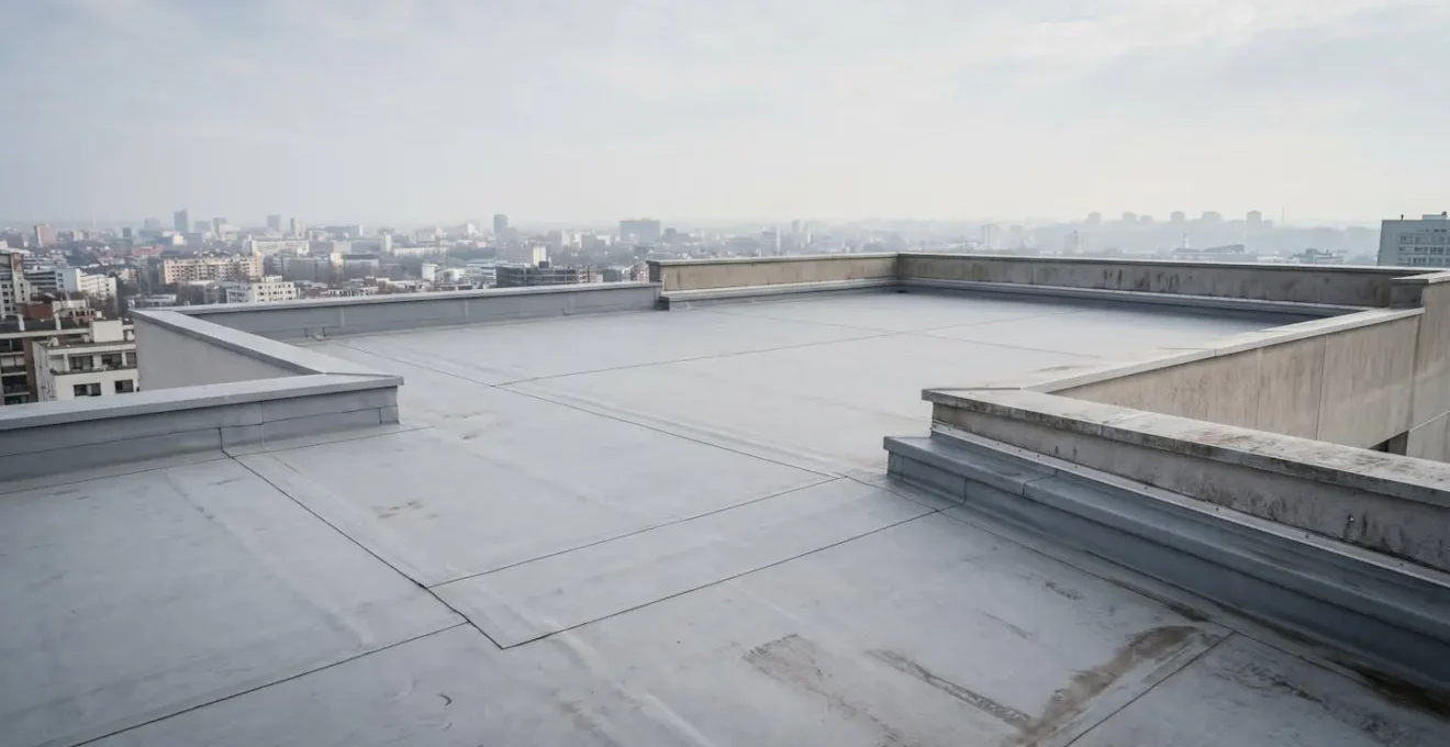 Vue d'ensemble d'une toiture-terrasse avec relevés d'étanchéité en contexte architectural