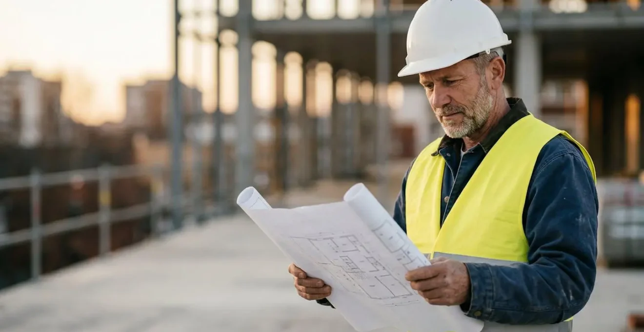 Professionnel du BTP sur un chantier moderne consultant des plans techniques, symbolisant l'évolution vers un diplôme reconnu