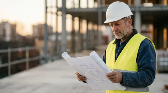 Professionnel du BTP sur un chantier moderne consultant des plans techniques, symbolisant l'évolution vers un diplôme reconnu