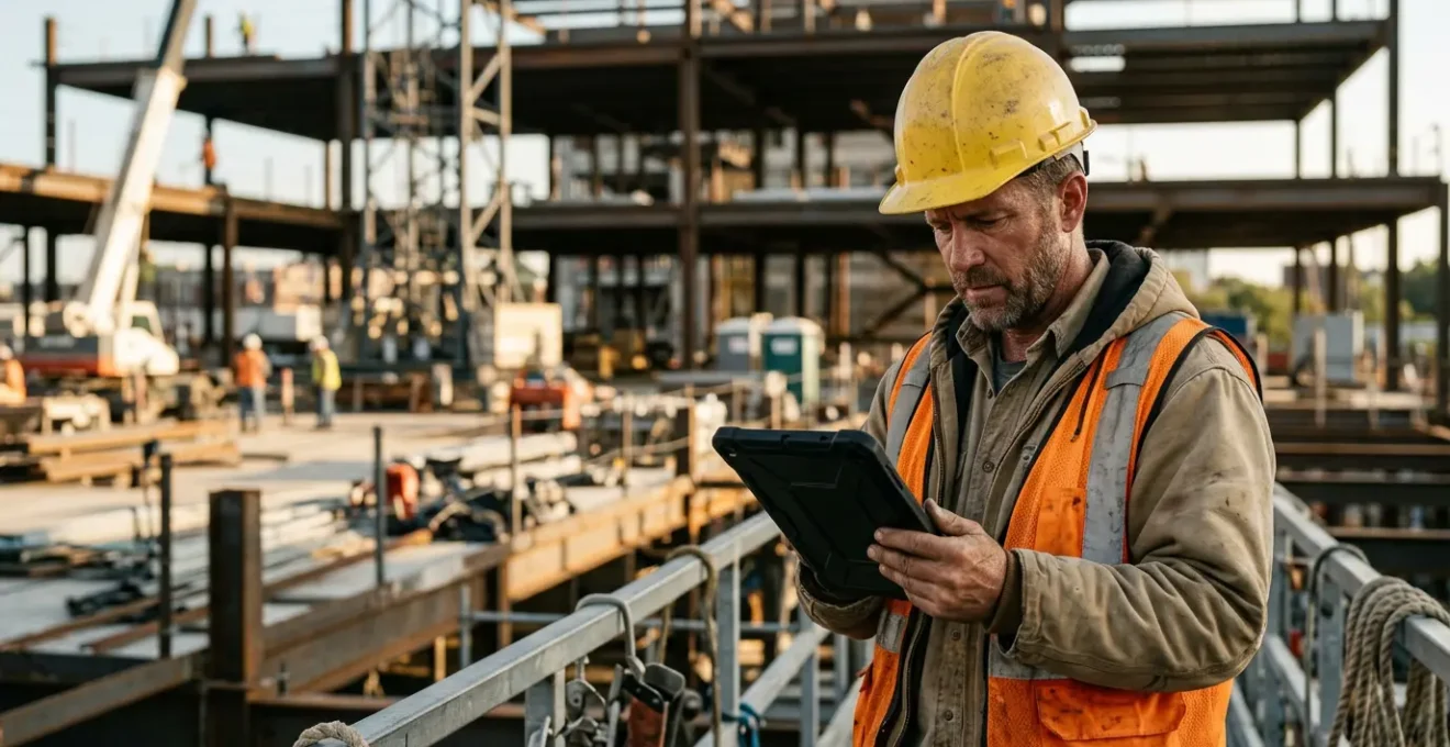 Entrepreneur BTP consultant une maquette numérique sur tablette sur un chantier de construction