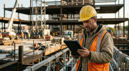 Entrepreneur BTP consultant une maquette numérique sur tablette sur un chantier de construction