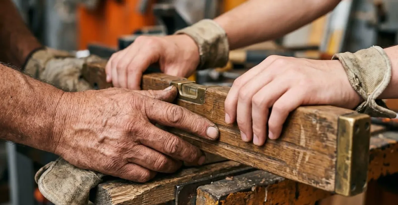 Gros plan sur les mains d'un tuteur et d'un apprenti manipulant ensemble un outil de précision sur un chantier, symbolisant la transmission de compétences techniques