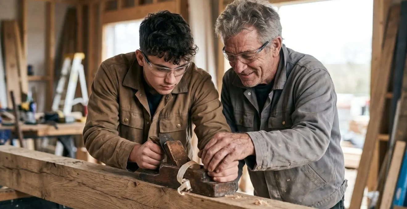 Compagnon expérimenté formant un jeune apprenti sur un chantier BTP