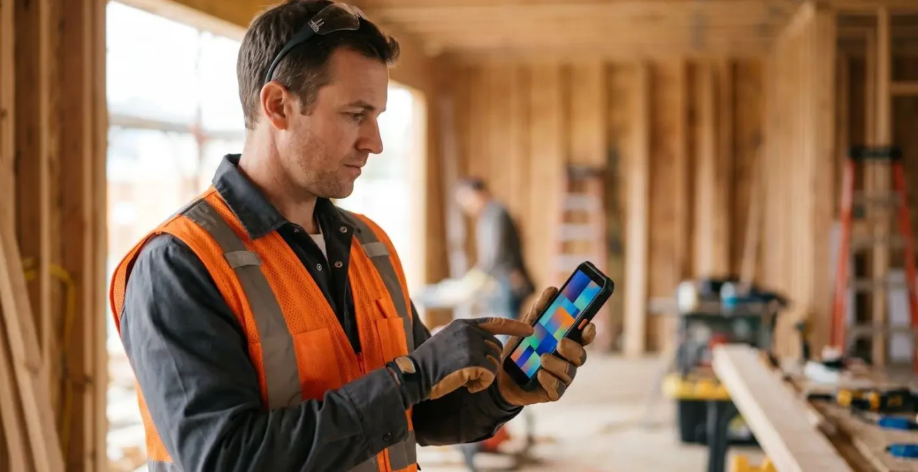 Artisan en tenue de travail utilisant un smartphone pour documenter une modification de chantier avec arrière-plan de travaux en cours