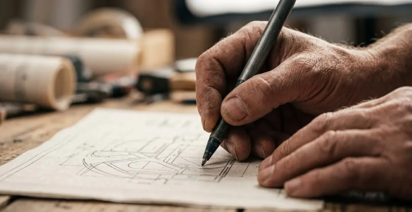 Gros plan sur des mains expérimentées annotant un document de chantier, illustrant la traçabilité des décisions personnelles