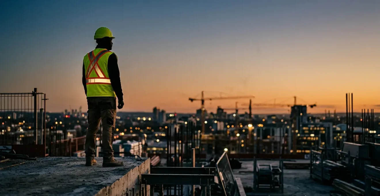 Travailleur portant un vêtement haute visibilité de classe 3 avec bandes réfléchissantes sur chantier au crépuscule