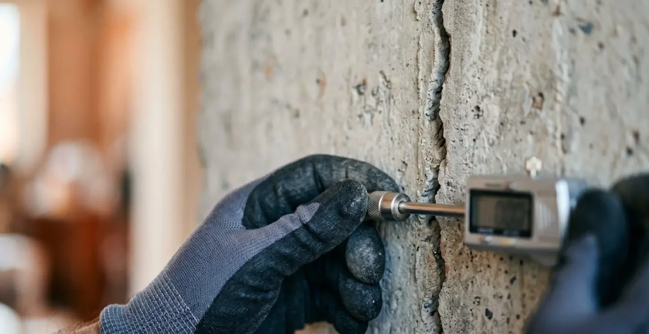 Expert d'assuré documentant des fissures structurelles sur une façade de maison sinistrée lors d'une contre-expertise