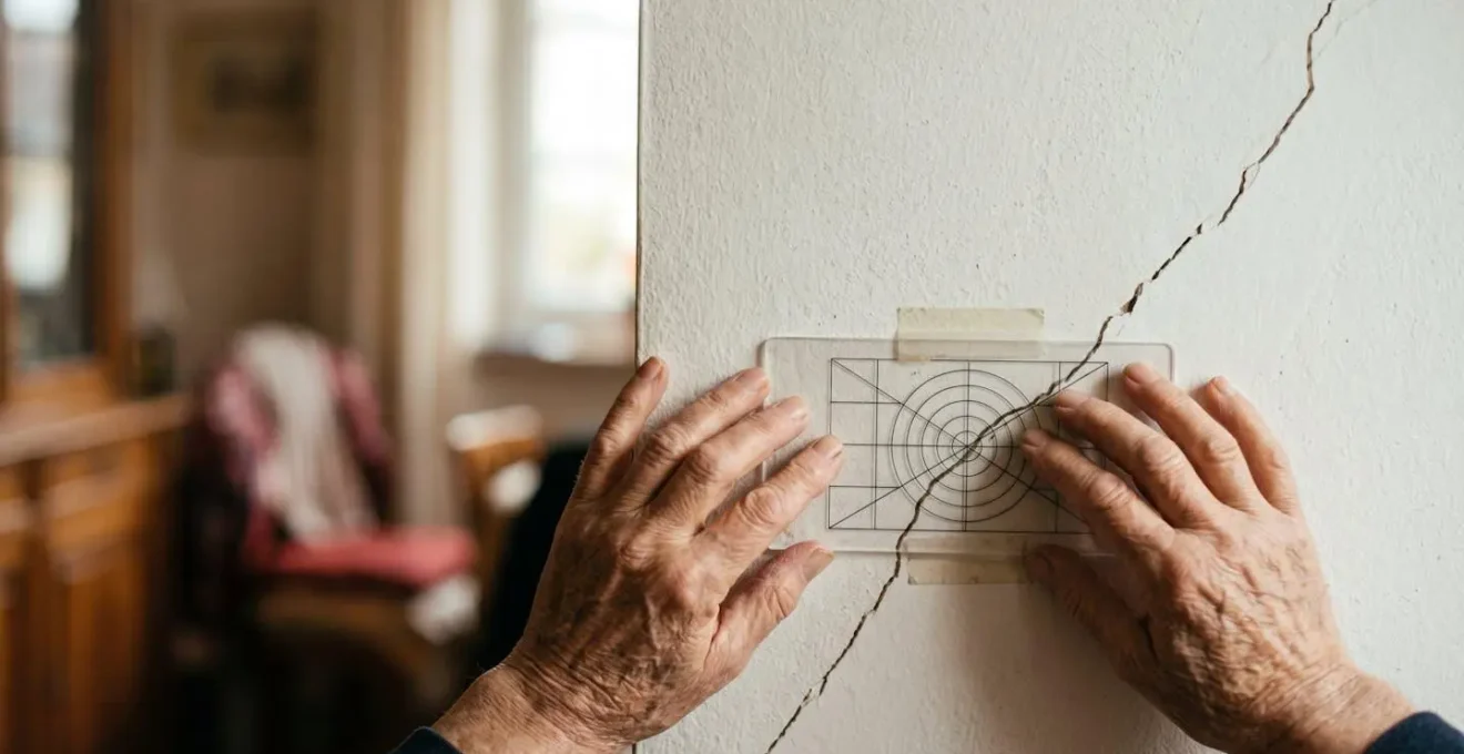 Témoin fissuromètre installé sur une fissure de façade pour mesurer son évolution dans le temps